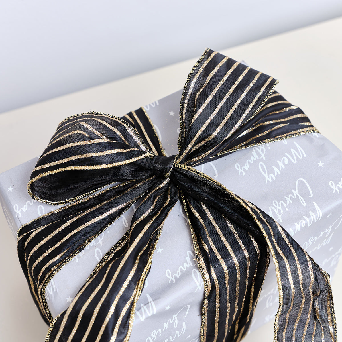 Large Black & Gold Striped Ribbon Christmas Garland - 270cm