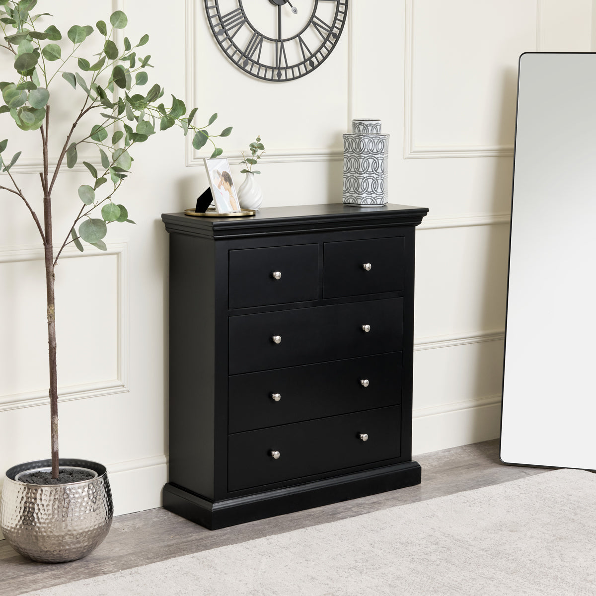 Black 5 Drawer Chest of Drawers Slimline Haxey Black Range Windsor