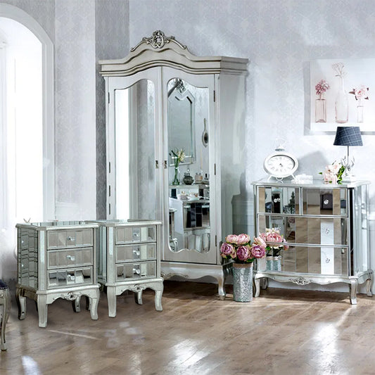  Silver Mirrored Double Wardrobe, Chest of Drawers and Pair of Bedside Tables - Tiffany Range 