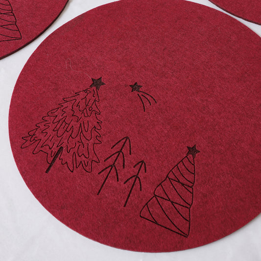  Set of 4 Dark Red Round Felt Placemats with Tree Detail 