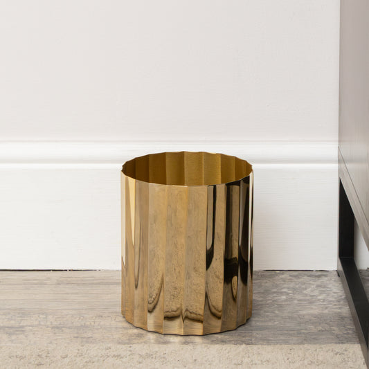 Large Shiny Gold Metal Fluted Planter / Waste Bin - 18cm 