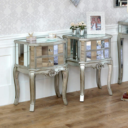  Pair of Mirrored 2 Drawer Bedside Tables - Tiffany Range 