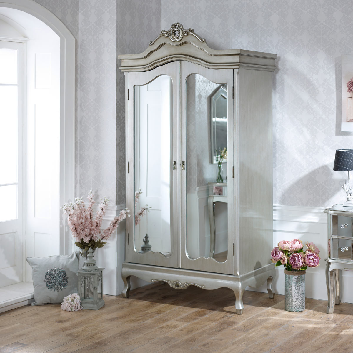 Silver Mirrored Double Wardrobe - Tiffany Range