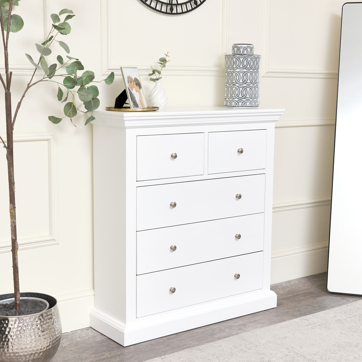 White 5 Drawer Chest of Drawers - Slimline Haxey White Range