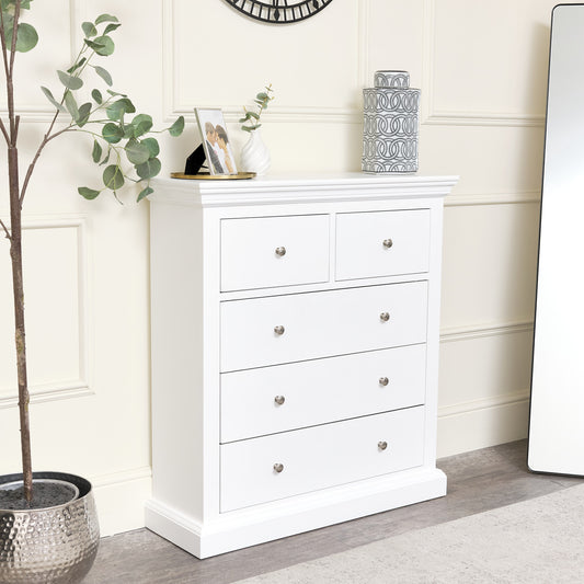  White 5 Drawer Chest of Drawers - Slimline Haxey White Range 