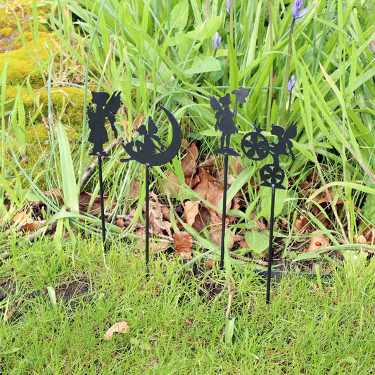  Set of 4 Black Metal Fairy Silhouette Garden Stakes 