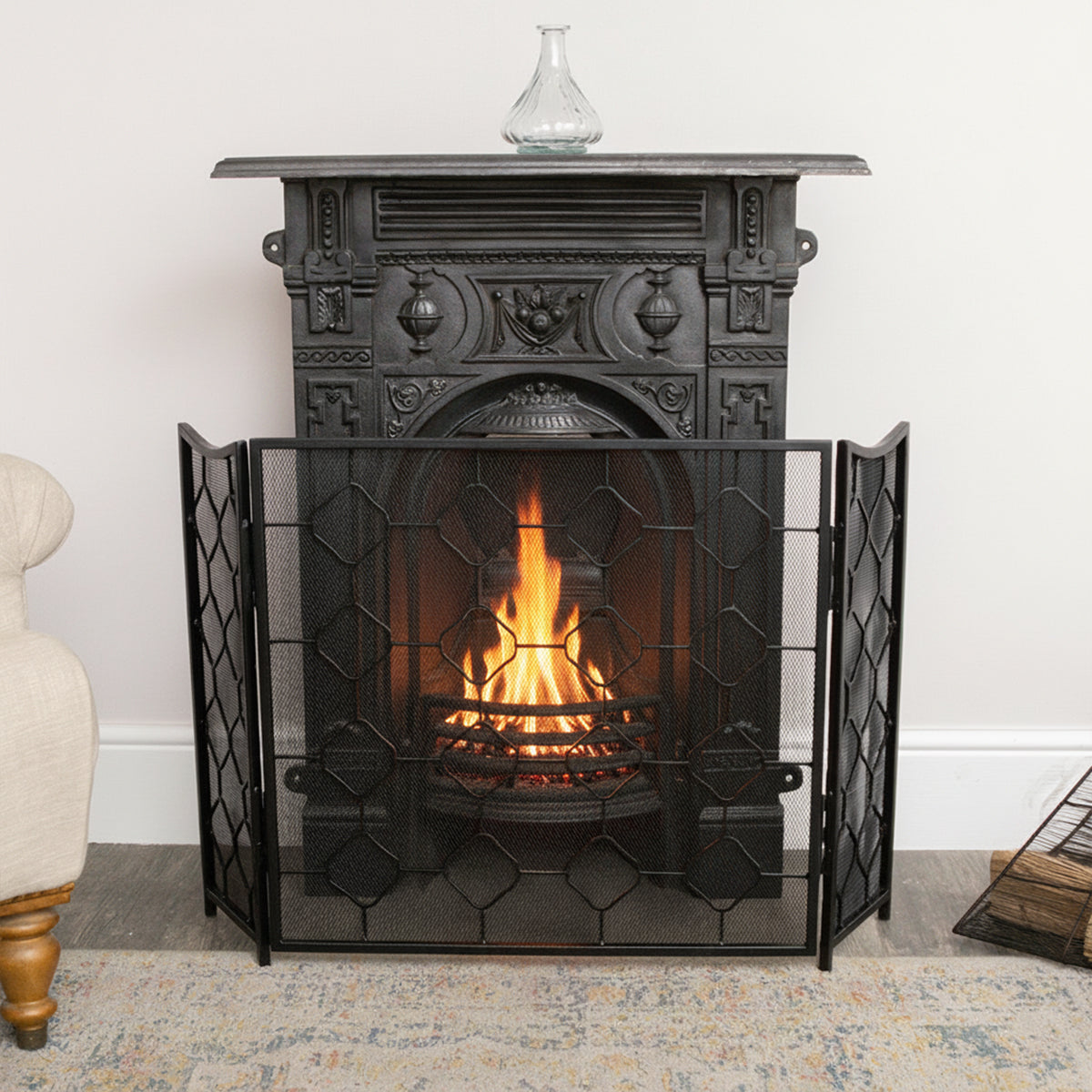 Black Geometric Detailed Metal Fire Screen - 106cm x 62.5cm