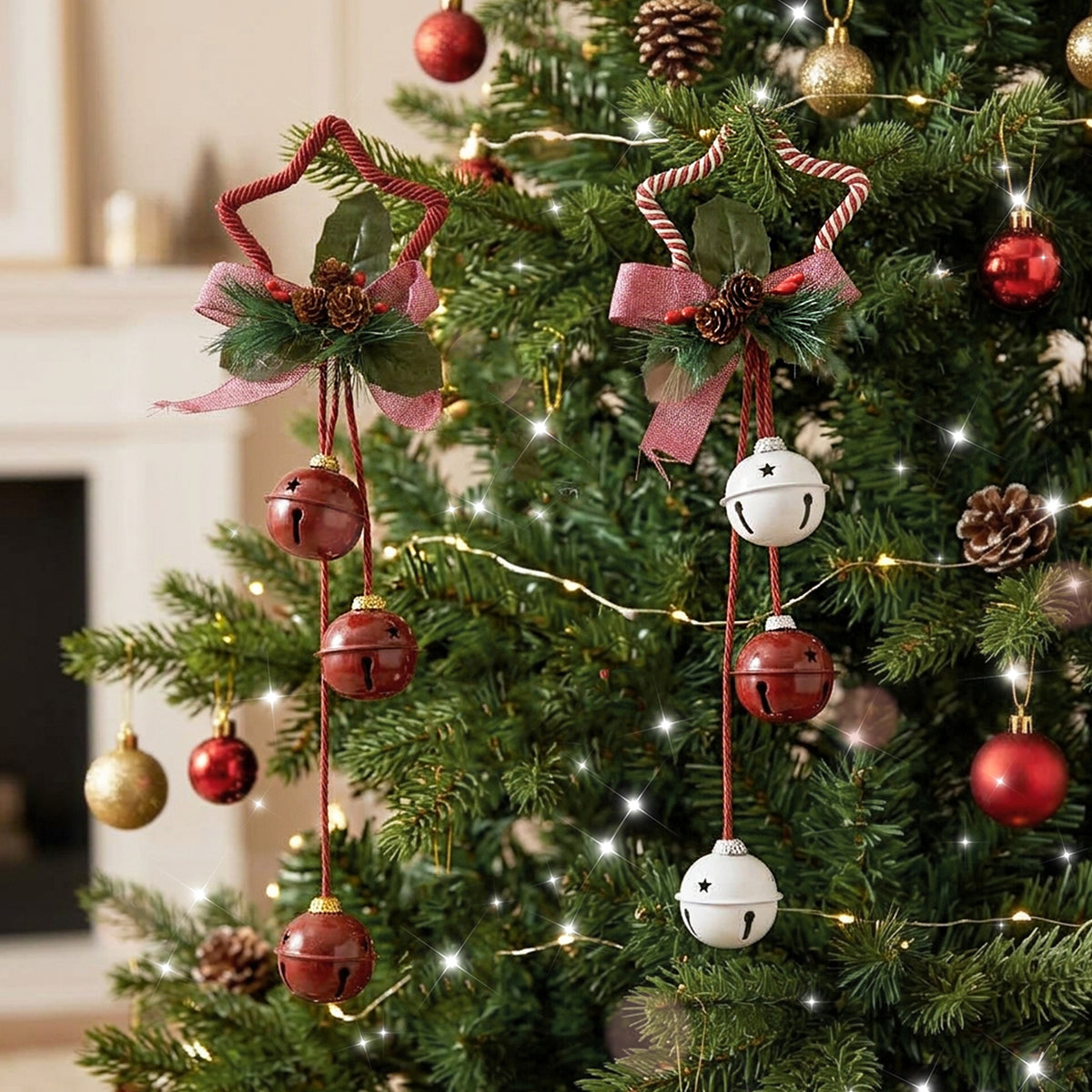 Set of 2 Red & White Star Shaped Hanging Christmas Decorations