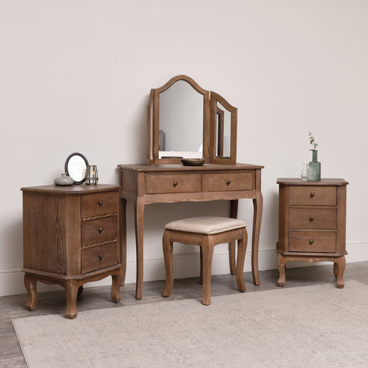  Dark Wood Dressing Table Desk with Triple Mirror, Stool and Pair of Bedside Tables - Willoughby Range 