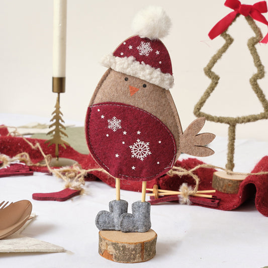  Neutral & Red Felt Robin Standing Decoration with Wooden Base - 22cm 