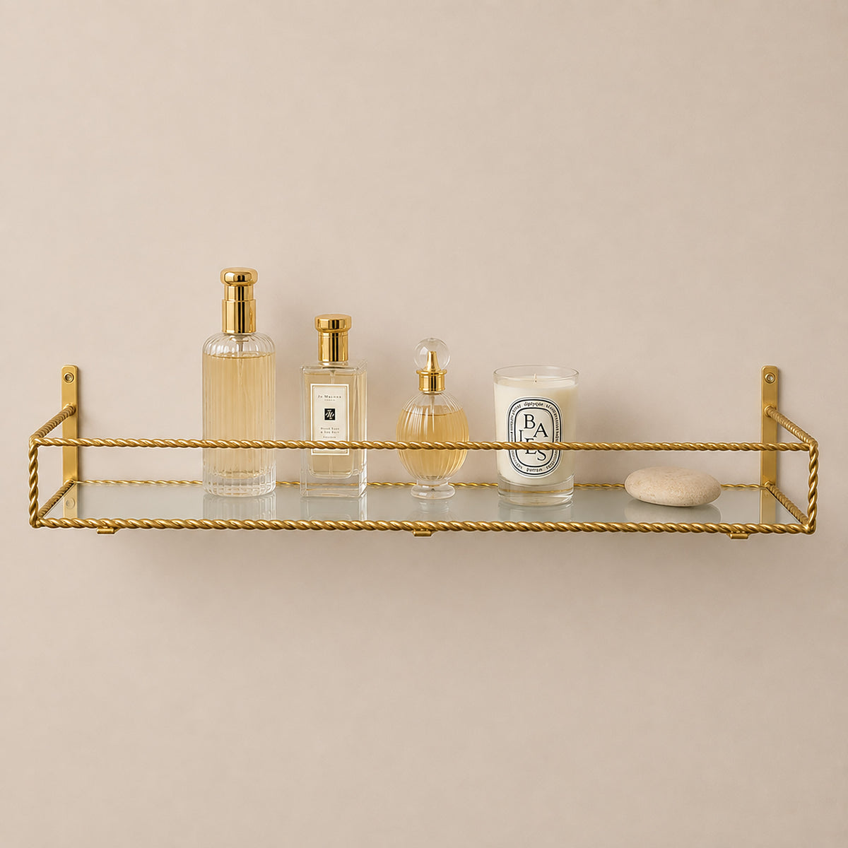 Large Gold Twisted Rope Design Wall Shelf with Frosted Glass Shelf