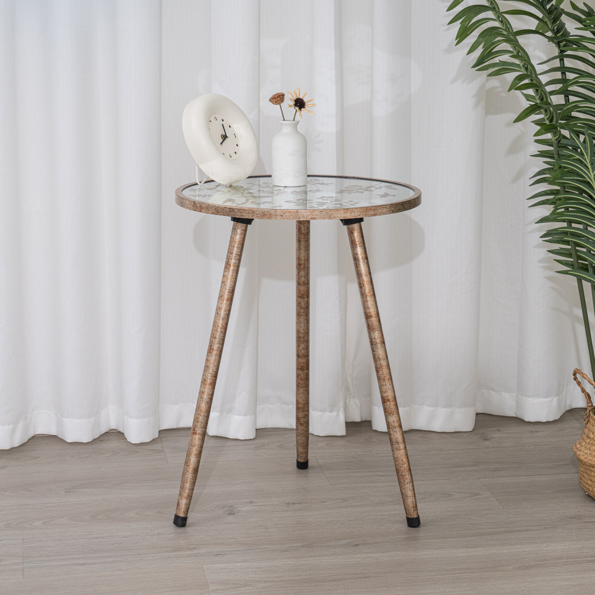 Tall Round Vintage Gold Printed Mirrored Side Table