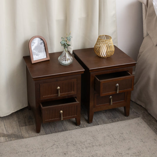  Pair of Dark Brown Wooden Reeded 2 Drawer Bedside Tables - Georgian Range 
