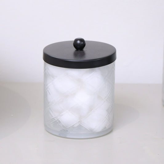  White Patterned Glass Bathroom Canister with Black Lid 