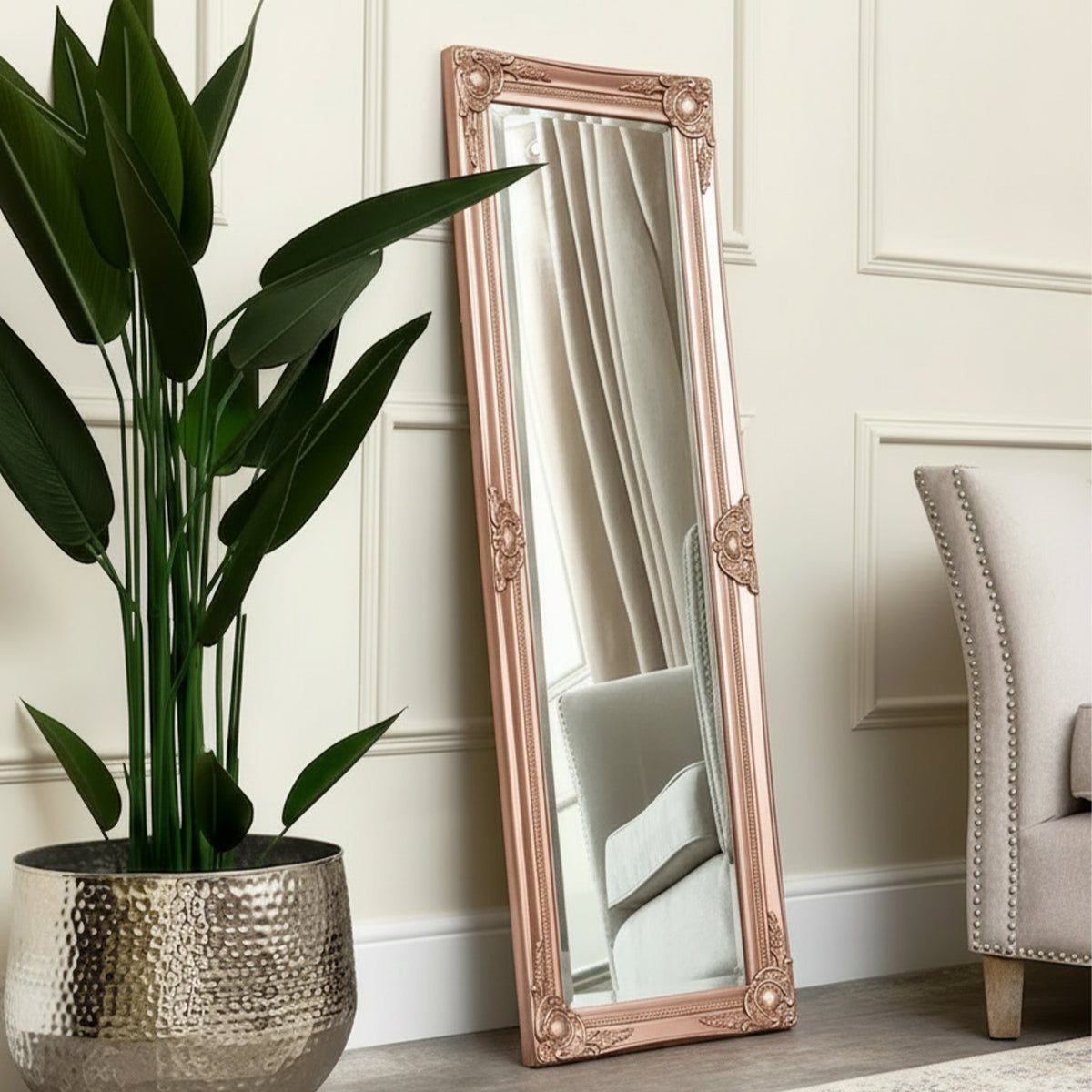 Tall Ornate Rose Gold Pink Mirror - 47cm x 142cm