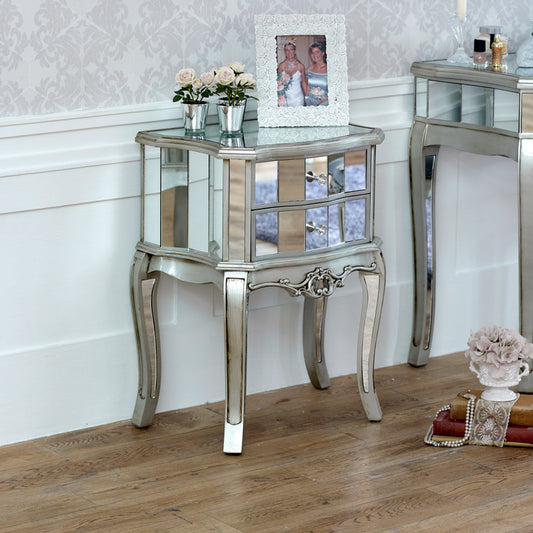  Mirrored 2 Drawer Bedside Lamp Table - Tiffany Range 