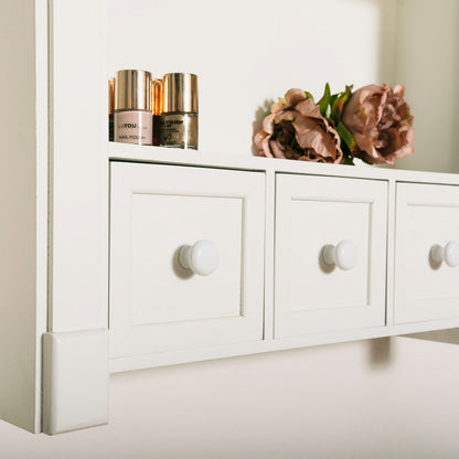 White Wooden Wall Shelf Unit with Drawers