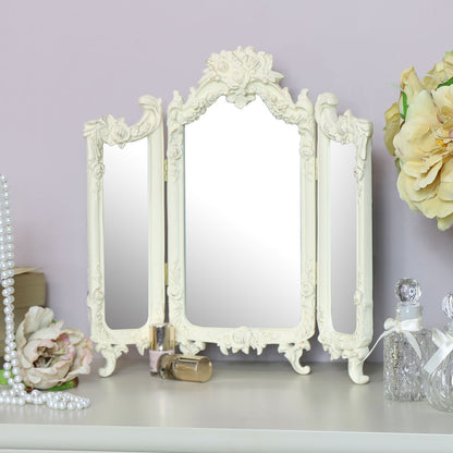 Small Ornate Cream Rose Triple Mirror - 38cm x 38cm