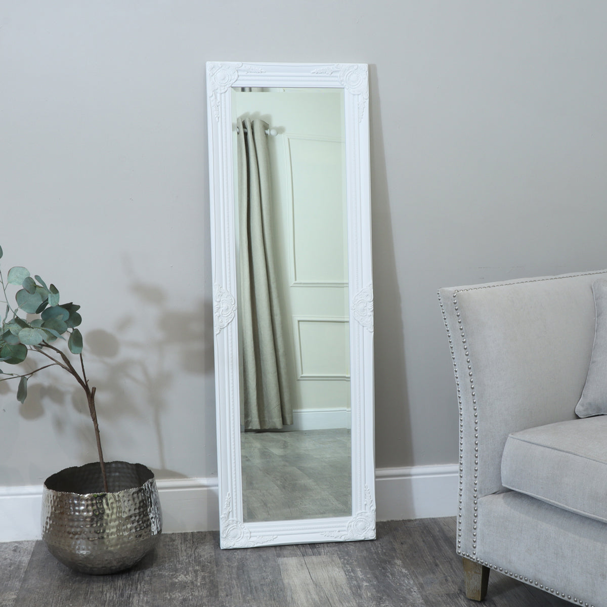 Tall / Long White Ornate Wall / Leaner Mirror - 47cm x 142cm