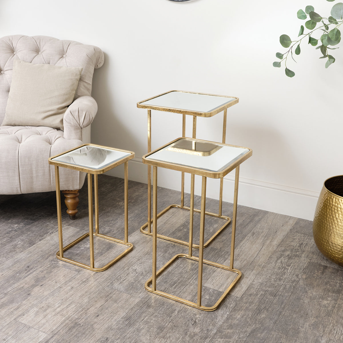 Set of 3 Gold Mirrored Square Side Tables