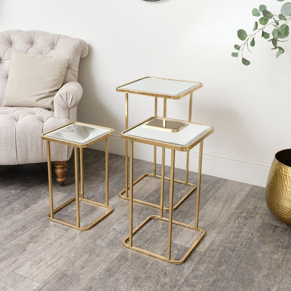 Set of 3 Gold Mirrored Square Side Tables