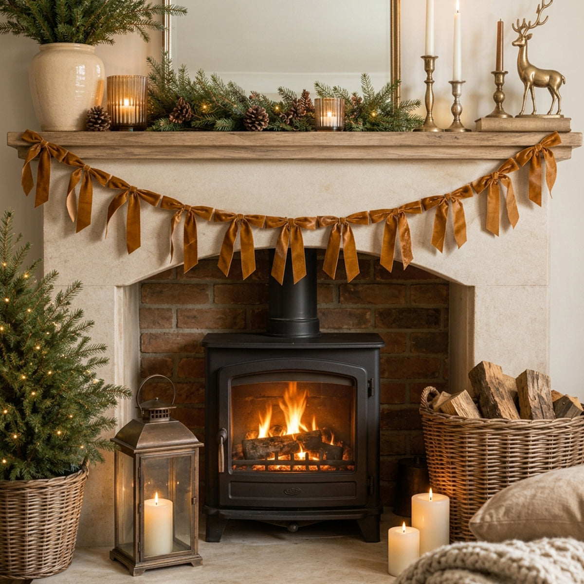 Caramel Brown Velvet Bow Christmas Garland Bunting - 200cm
