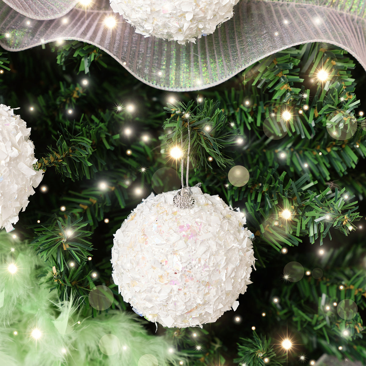 Set of 3 White Chunky Snowball Bauble Decorations - 8cm
