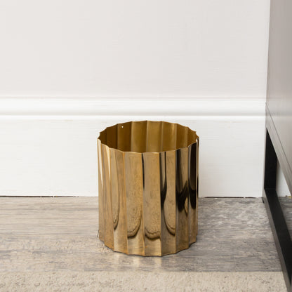Medium Shiny Gold Metal Fluted Planter / Waste Bin - 16cm