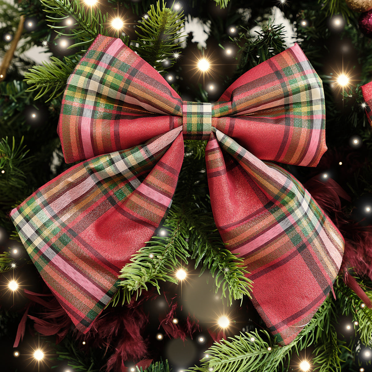 Set of 2 Green & Red Tartan Decorative Bow - 24cm