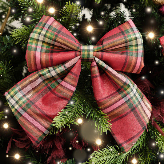  Set of 2 Green & Red Tartan Decorative Bow - 24cm 