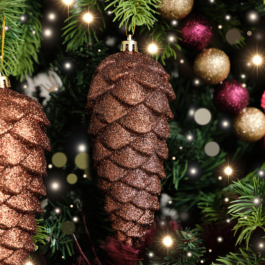  Set of 2 Tan Glittered Pinecone Bauble Decoration - 12cm 