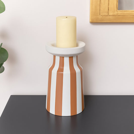  Large Burnt Orange Striped Pillar Candle Holder - 28cm 