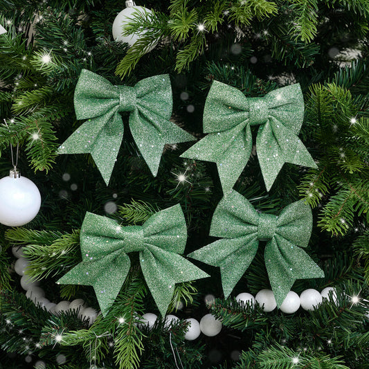  Set of 4 Sage Green Glitter Christmas Bows 