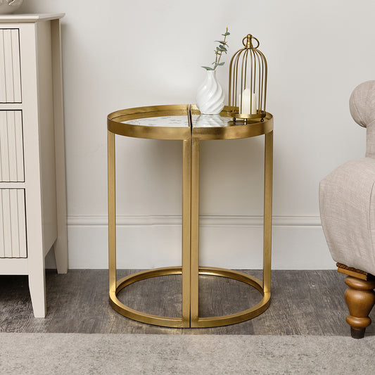  Gold Set of 2 Semi Circle Printed Mirrored Side Table 