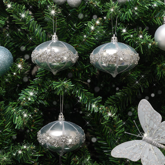  Set of 3 Silver Glitter Jewelled Baubles 