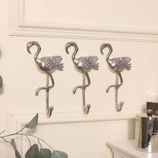  Set of 3 Silver Flamingo Wall Hooks 