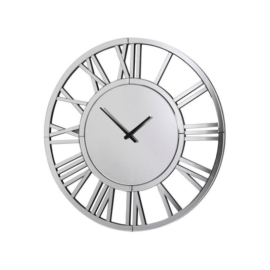  Round Silver Mirrored Skeleton Wall Clock 