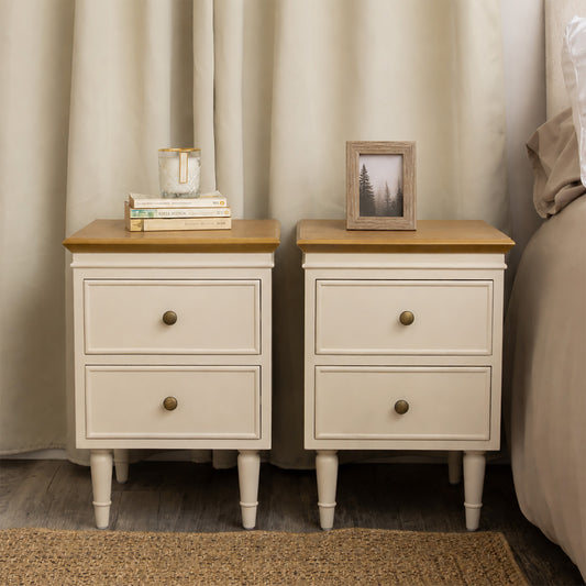  Pair of Cream & Wooden Two Drawer Bedside Tables - Claudia Range 