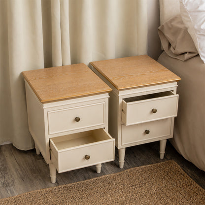 Pair of Cream & Wooden Two Drawer Bedside Tables - Claudia Range
