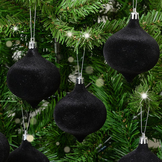  Set of 6 Black Round Flocked Baubles 