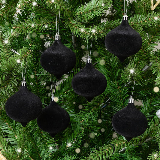  Set of 6 Black Round Flocked Baubles 