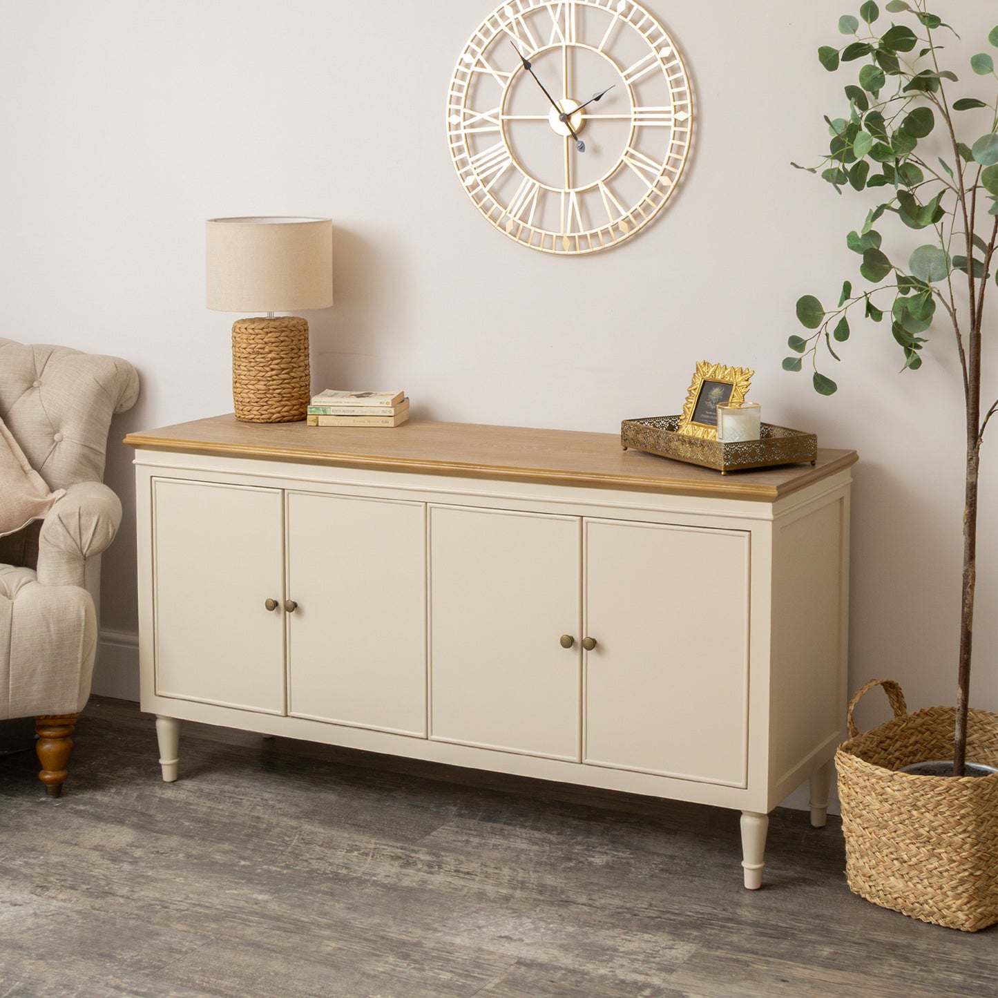 Large Cream & Wooden 4 Door Sideboard - Claudia Range