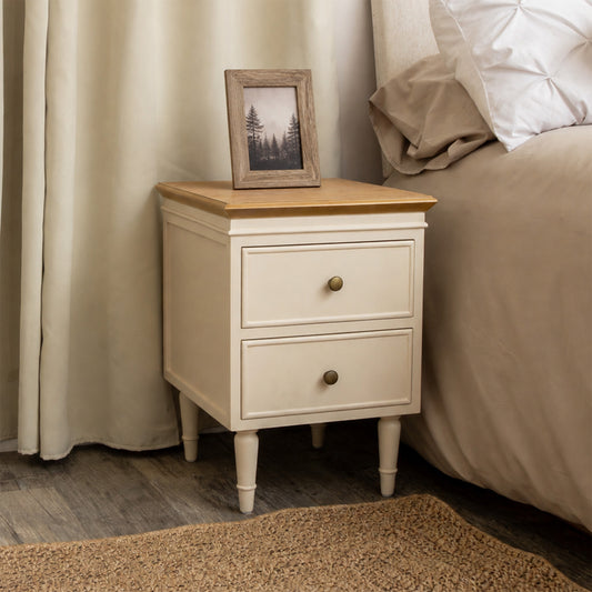  Cream & Wooden Two Drawer Bedside Table - Claudia Range 